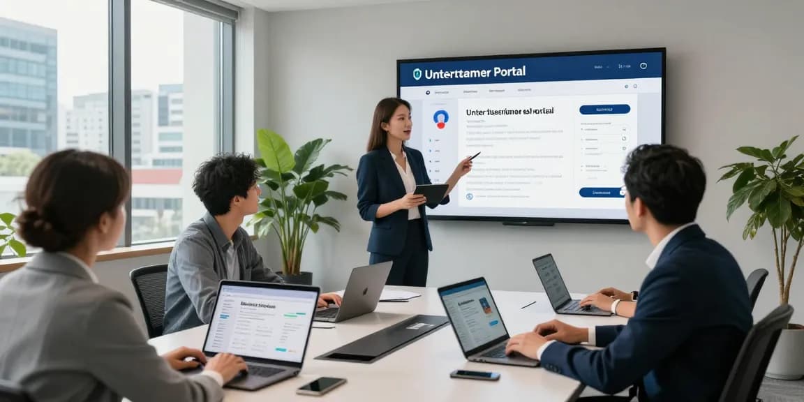 Collaborative team working on the Unternehmer Portal in a modern conference room environment.