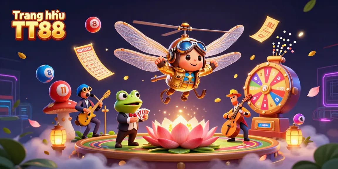 Experience the vibrant action of Trang chủ TT88 with a thrilling dynamic casino scene featuring a helicopter pilot and frog croupier.