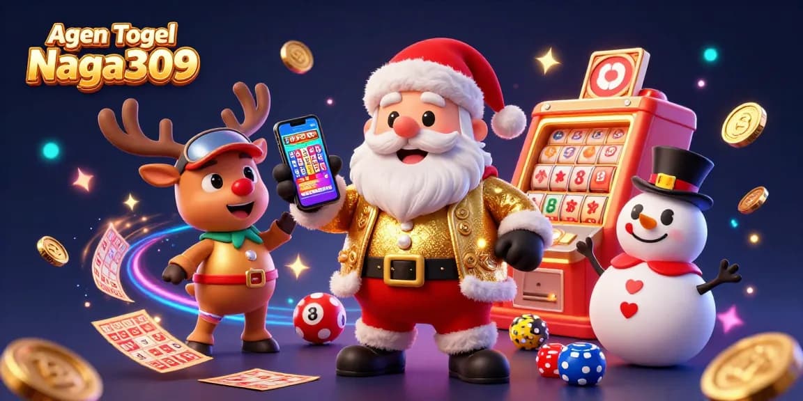 Agen Togel Naga309 showcases an exciting lottery gaming scene with Santa and friends celebrating games.