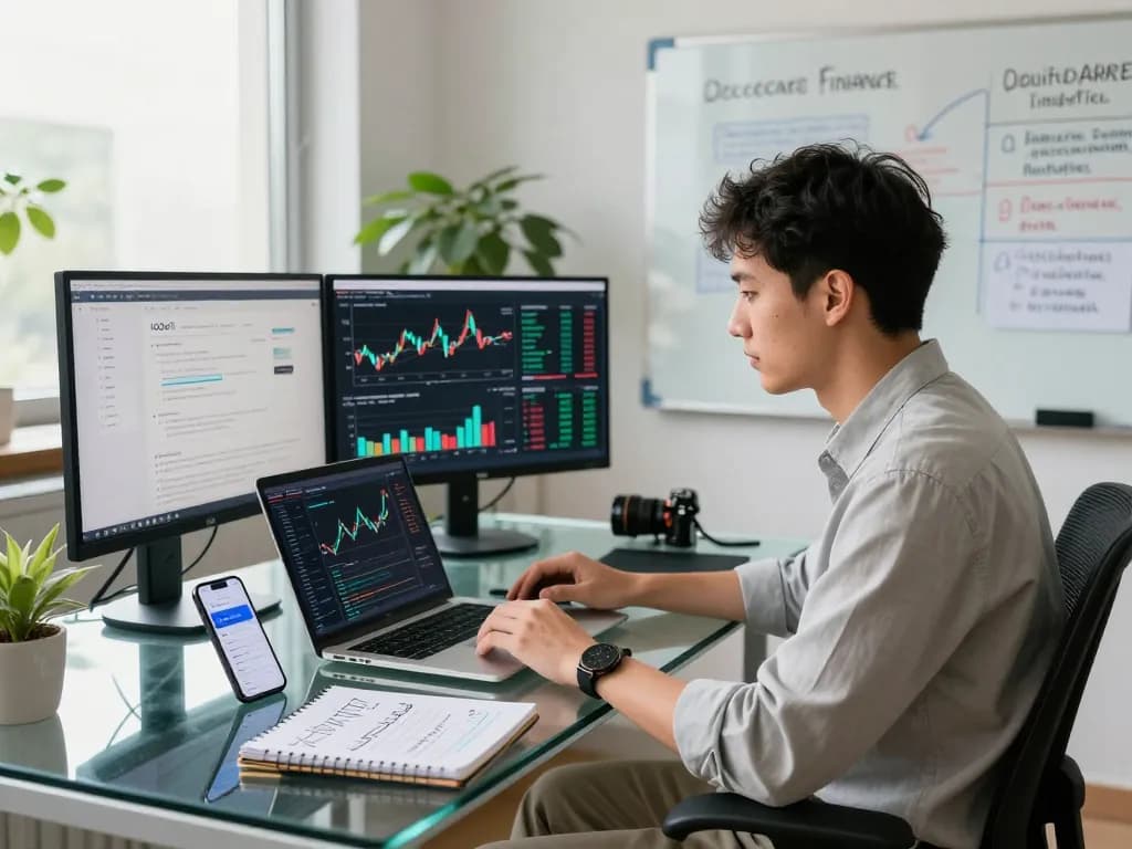 Professional in a modern workspace analyzing cryptocurrency on the IODeFi official website.
