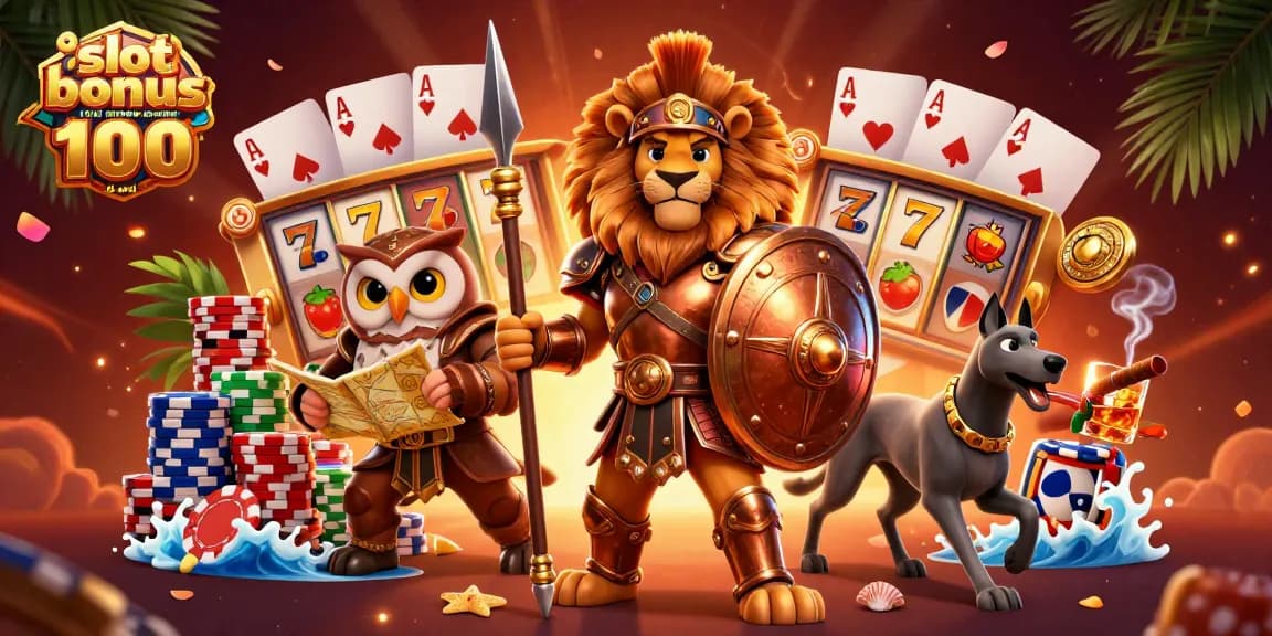 Bonus slot anggota baru 100 di awal menggambarkan singa Spartan berani dikelilingi chip poker dan gulungan slot.