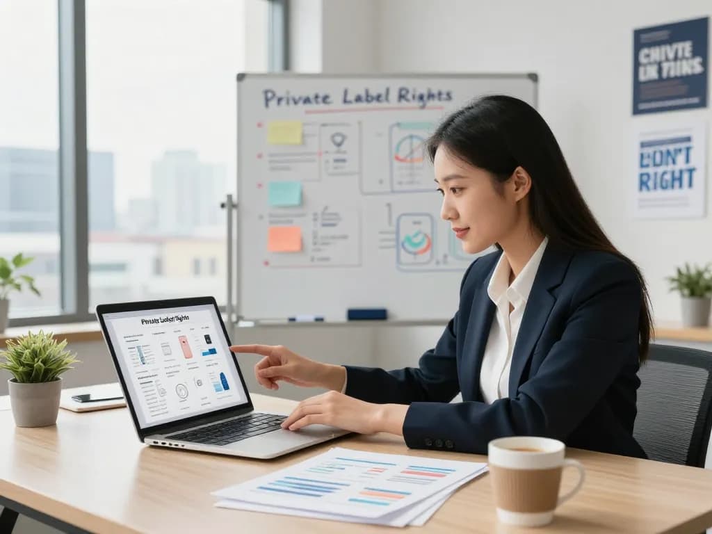 Buy Private Label Rights Products in a modern office setting with a professional reviewing digital catalogs.