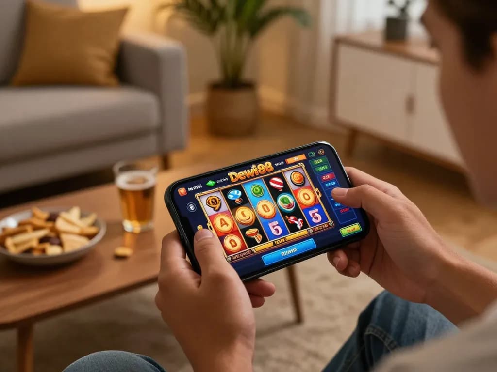 Pemain yang berinteraksi dengan aplikasi slot dewi88 di smartphone mereka di ruang tamu yang nyaman.