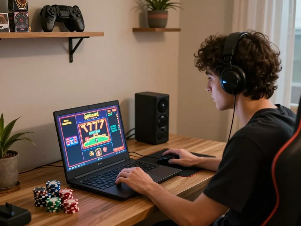 Engaging in slot gacor 777 gameplay on a laptop in a cozy home setup, focusing on strategy.