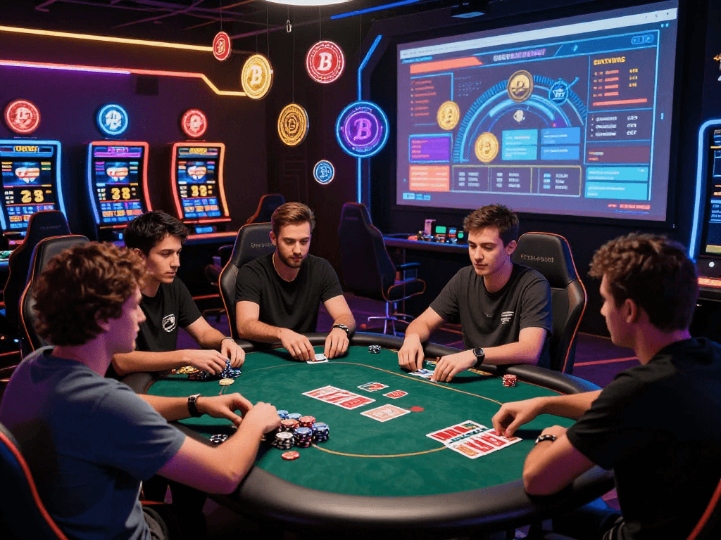Exciting crypto casino gameplay with players at a poker table and real-time stats.