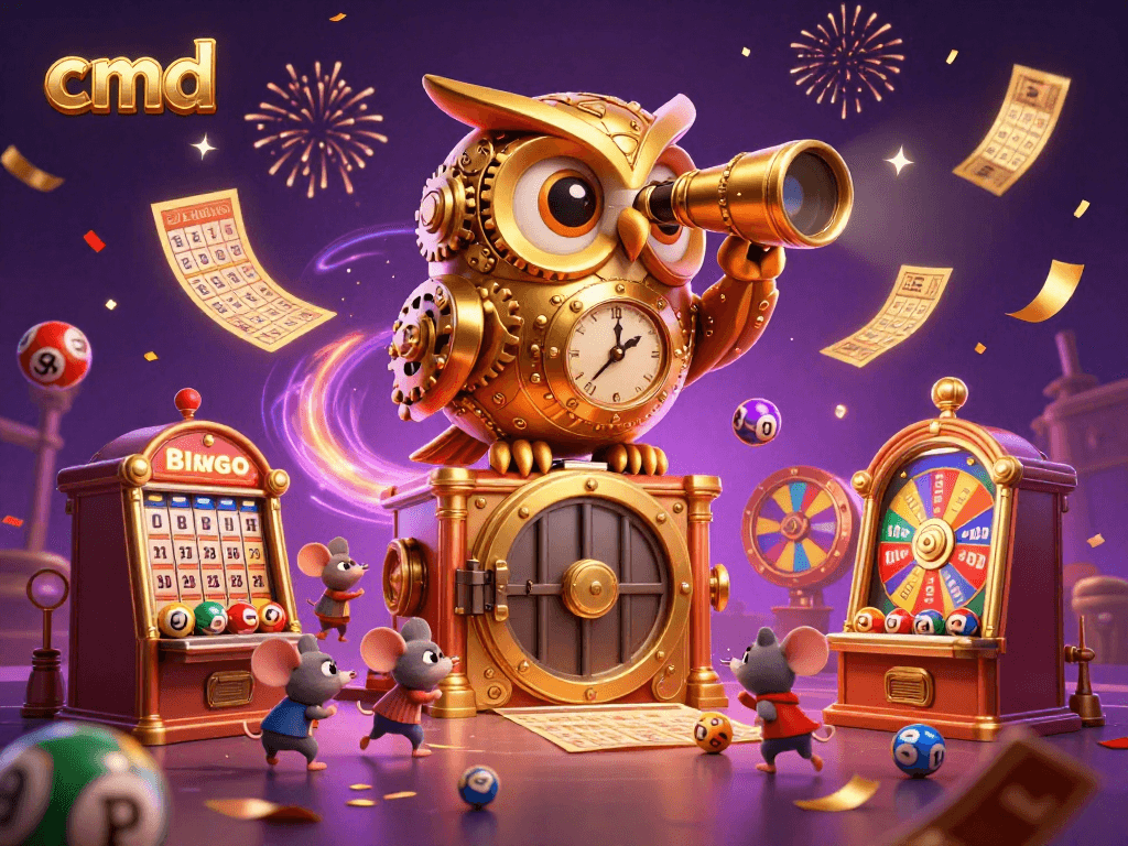 cmd reveals a festive casino atmosphere with a golden owl, lively mice, and colorful lottery elements.