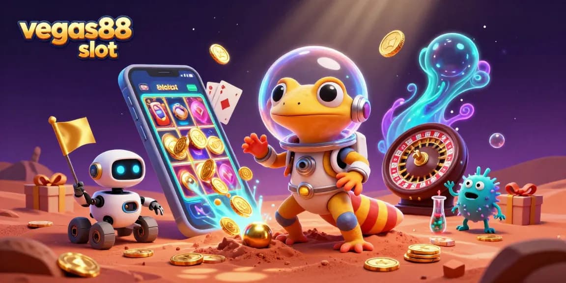 Menghadirkan pengalaman seru di vegas88 slot dengan ilustrasi 3D kartun Martian gecko di kasino emas di Mars.