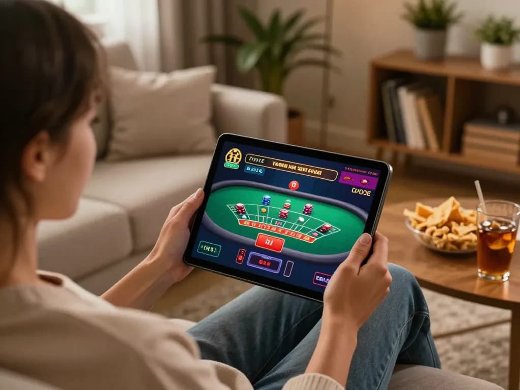 Player enjoying a thrilling live dealer game of 888vnd on a tablet, set in a cozy environment with strategic focus.
