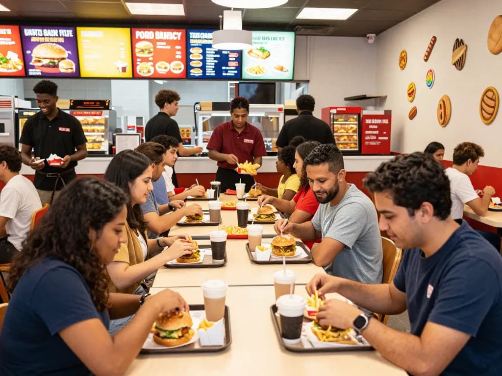 Customers enjoying meals in a fast food restaurant, highlighting fast food prices and vibrant atmosphere.