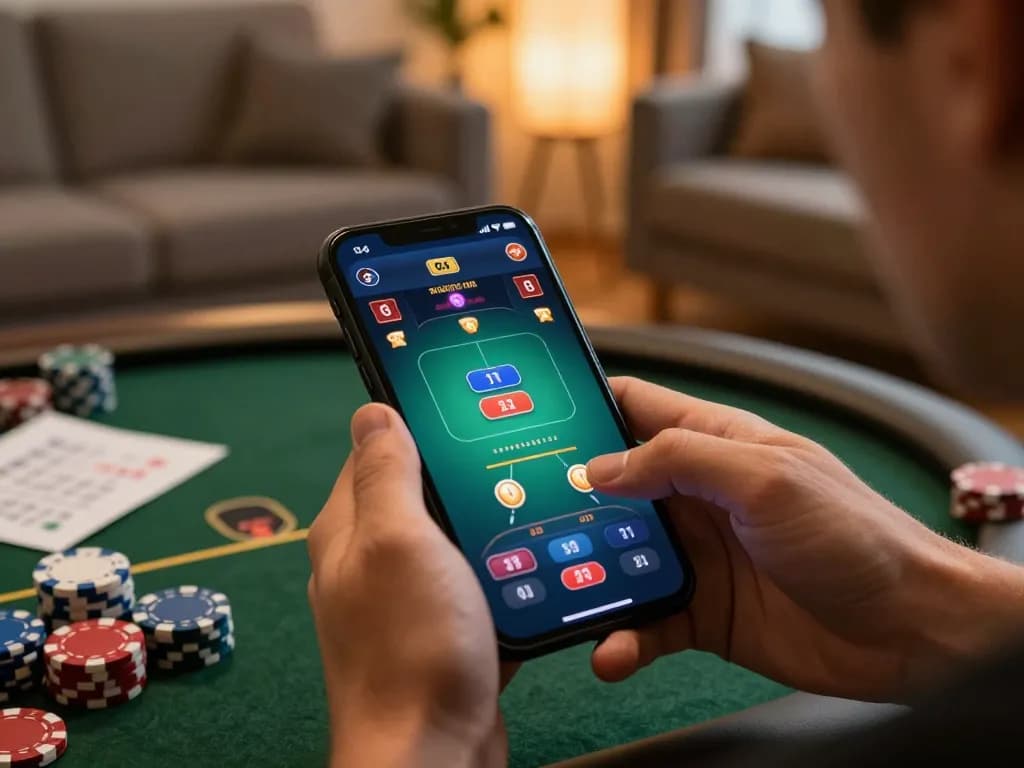 Player engaging in online poker on their mobile device, showcasing RR88 SELECT gameplay strategy in a cozy home atmosphere.