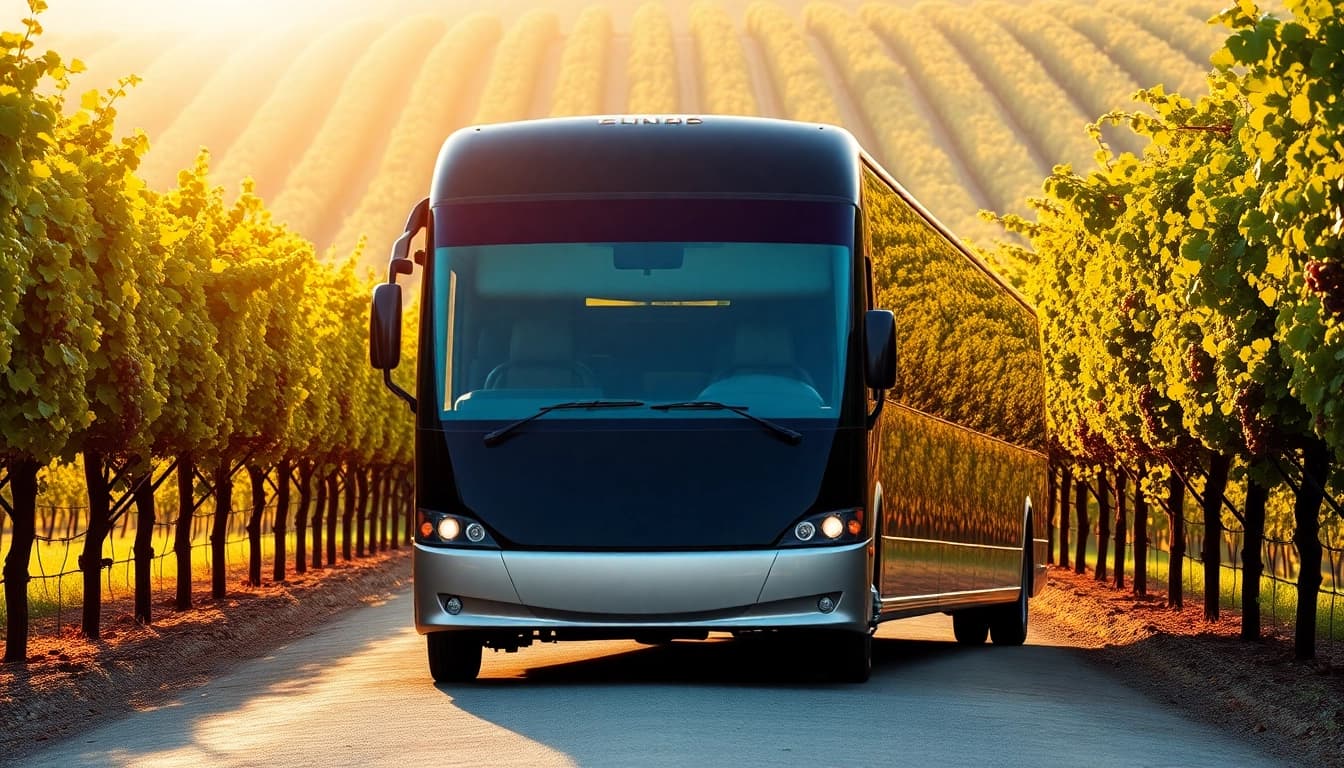 Enjoying a limo bus wine tour amidst beautiful vineyards, showcasing luxury and relaxation.