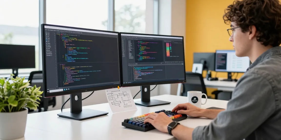 Custom Software Development Services in a modern workspace with code on screens and creative elements.