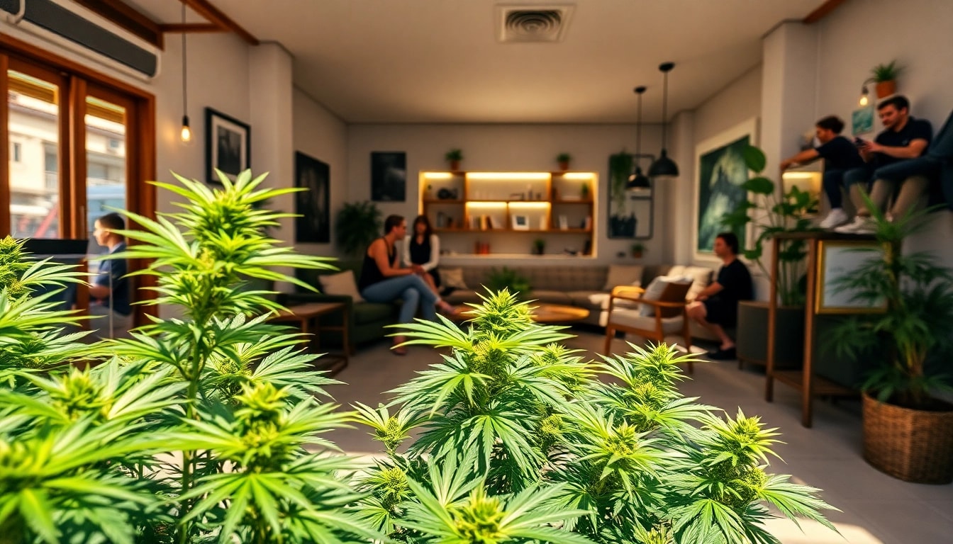 Explore cannabis clubs Lloret de Ma with a cozy, vibrant atmosphere featuring green plants and relaxed patrons.