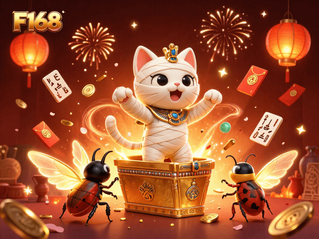 Engage with F168's thrilling casino games amidst vibrant celebrations and rich visuals.