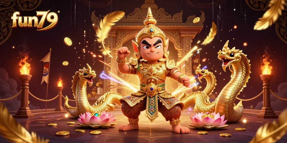 Experience thrilling gameplay with fun79 featuring a vibrant 3D scene of guardian characters and dynamic casino elements.