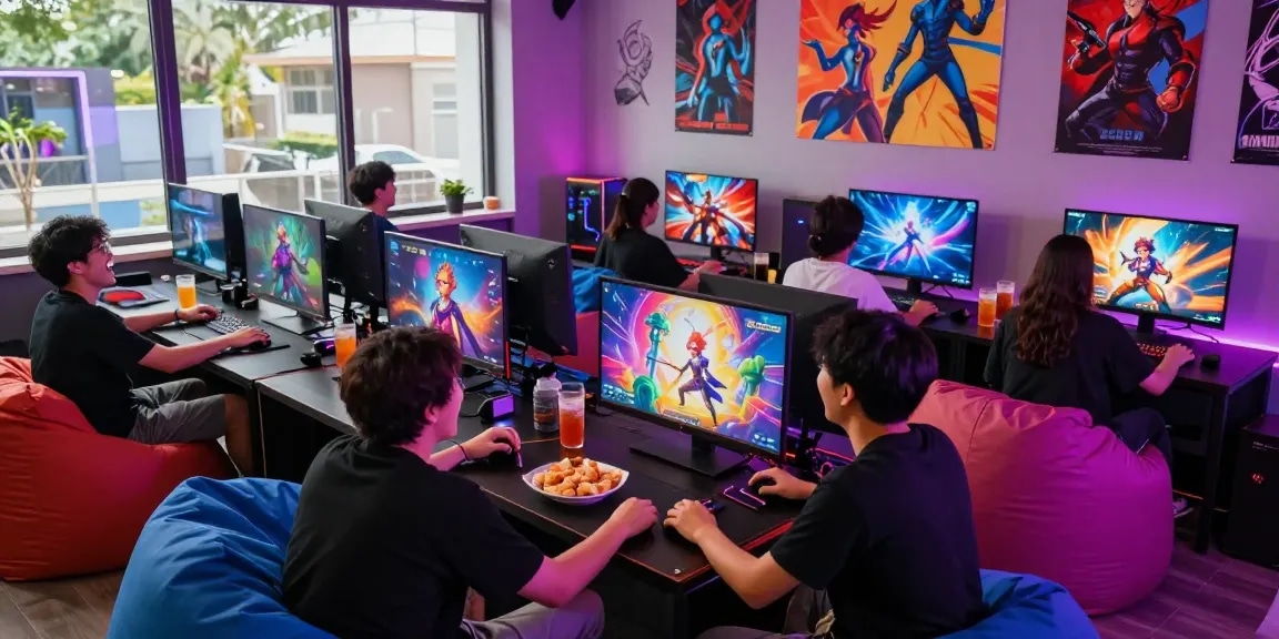 Engaged gamers playing a vibrant hentai game in a colorful gaming lounge.