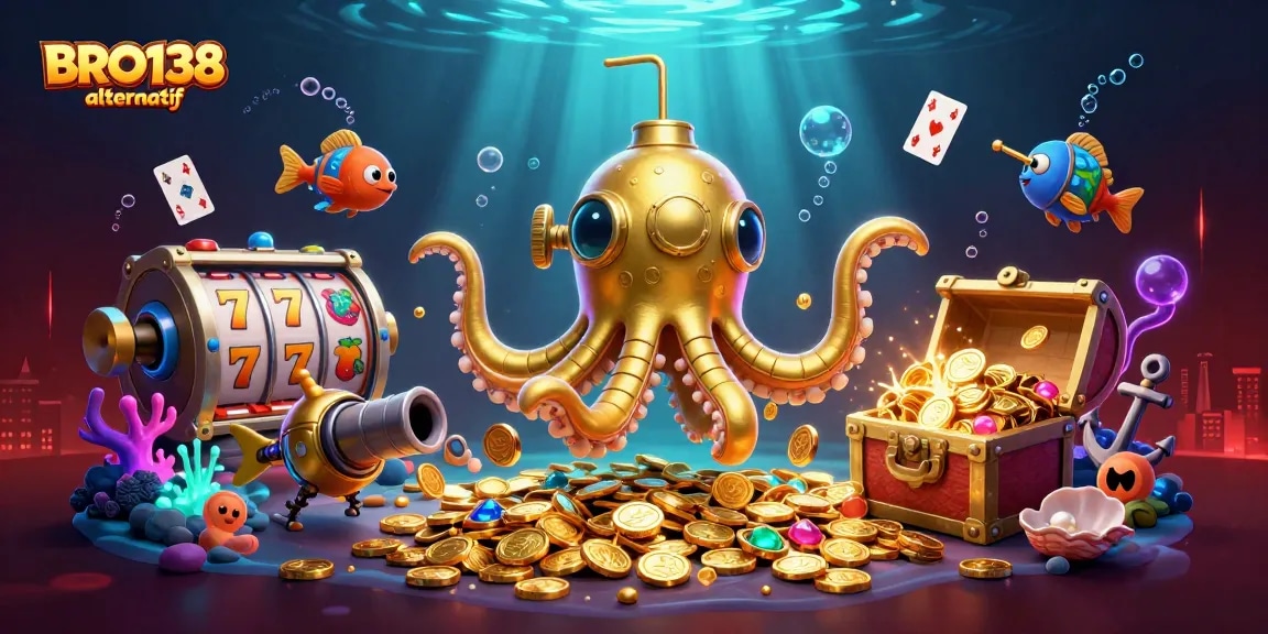 Experience thrilling gameplay with BRO138 alternatif as a golden kraken submarine emerges from a sea of coins.