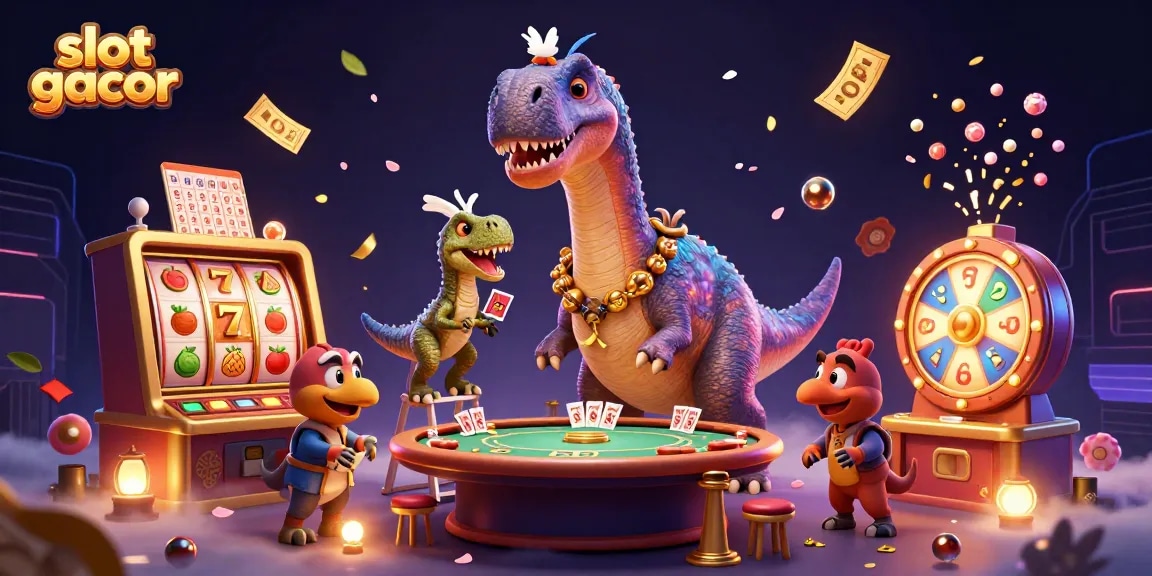 Spin and win with slot gacor: vibrant 3D casino scene featuring colorful slot reels and dynamic elements