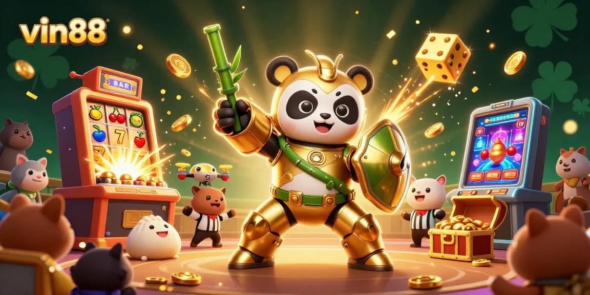 Experience the thrilling action of vin88 with a vibrant scene of a golden panda piloting a casino-themed robot amidst an explosion of game elements.