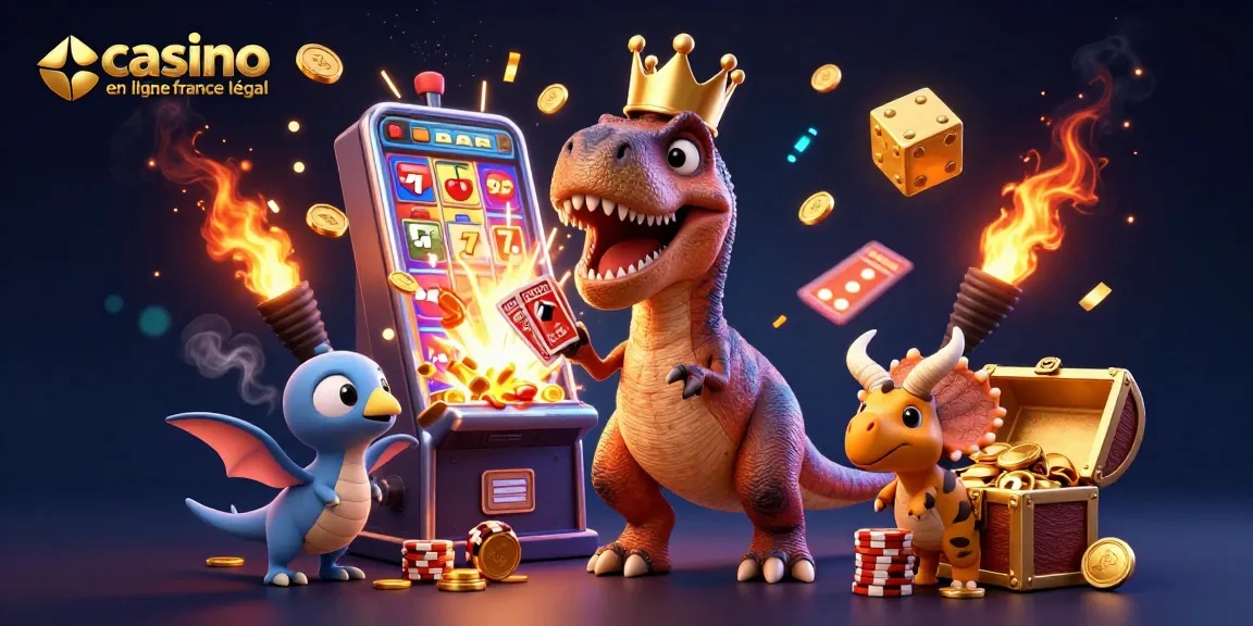 Illustration d'un T-Rex jouant aux cartes et d'un triceratops empilant des jetons, représentant le casino en ligne légal en France.