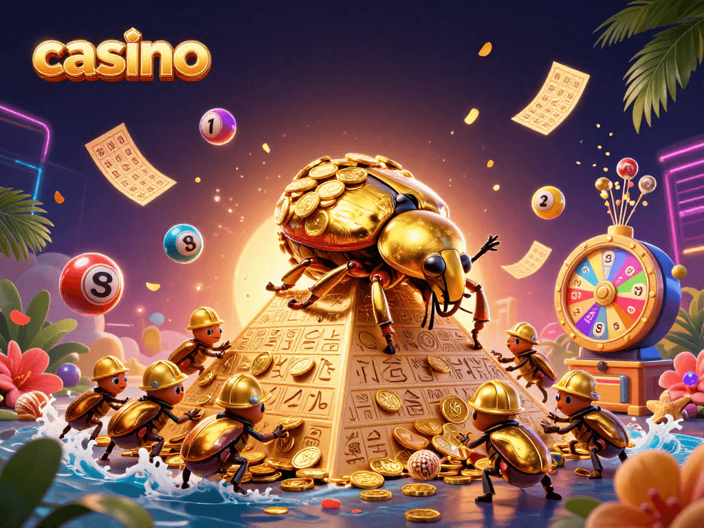 Engaging casino-themed illustration showcasing a golden beetle and lottery elements in action.