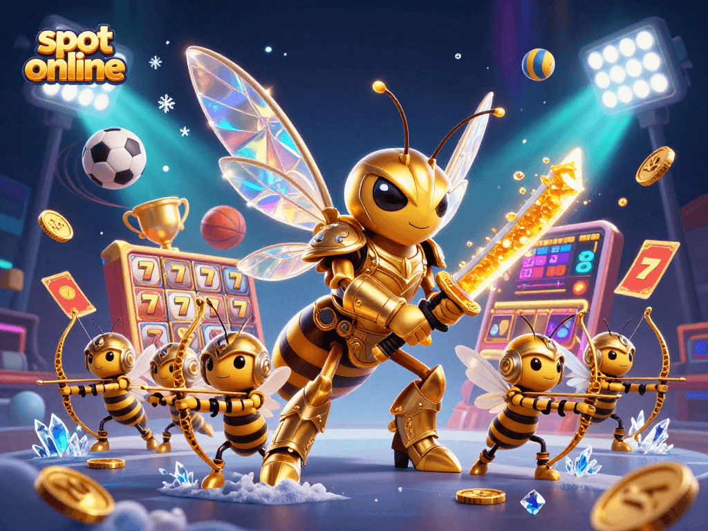 Engaging slot online scene with a golden hornet and buzzing bee archers in a vibrant gaming atmosphere