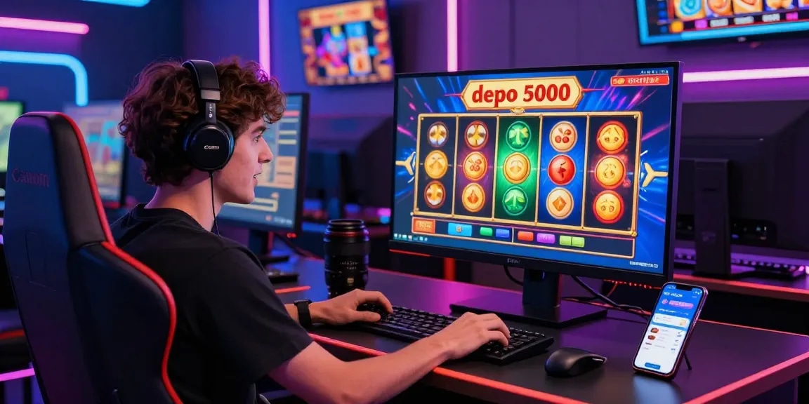 The user engaging in slot depo 5000 games in a modern gaming setup, showcasing excitement and vibrant graphics.