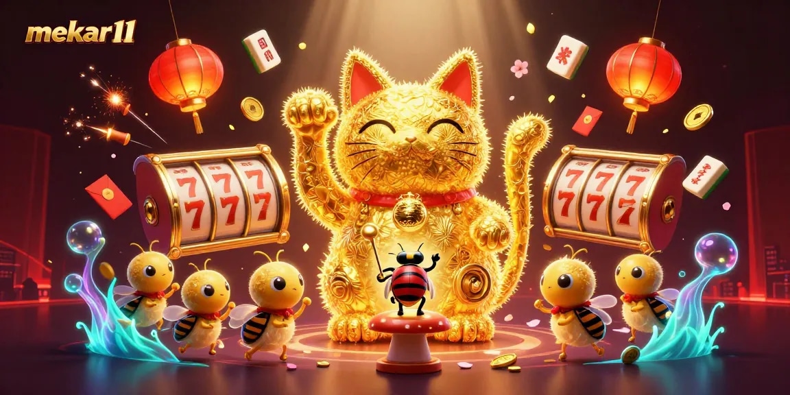 Mekar11 offers captivating gaming adventures with a dazzling lucky cat illustration amidst vibrant casino symbols.