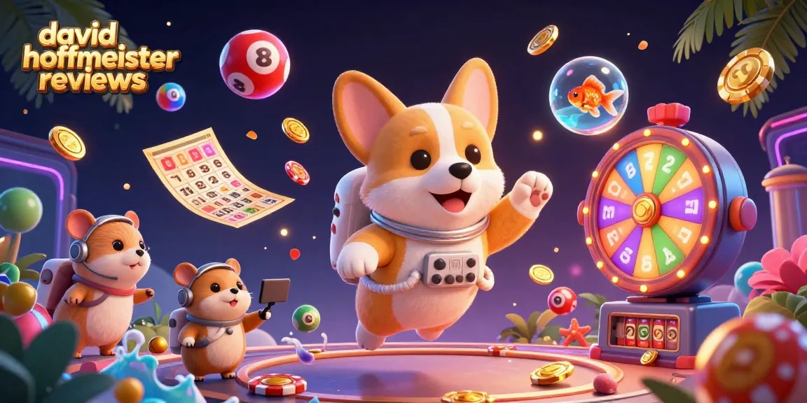 Experience dynamic casino fun with david hoffmeister reviews in a vibrant 3D scene featuring a corgi, hamster, and floating goldfish.