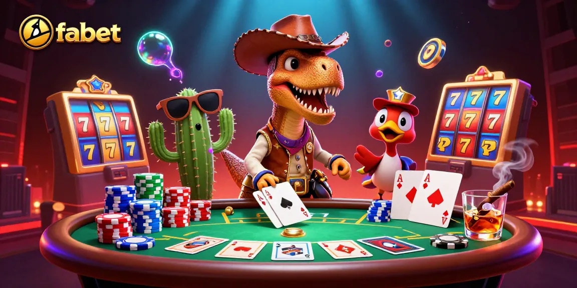 Fabet players engaging in dynamic poker action amidst vibrant cartoon characters and thrilling casino elements