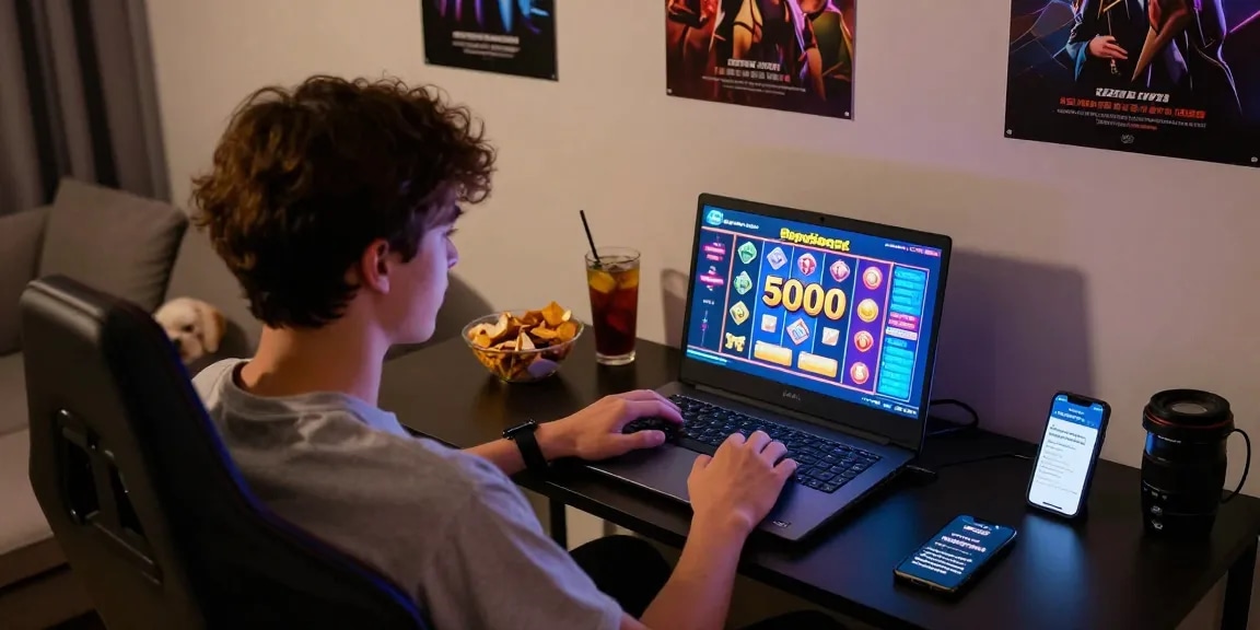 Engaging young adult enjoying slot depo 5000 online gaming in a cozy home setup.