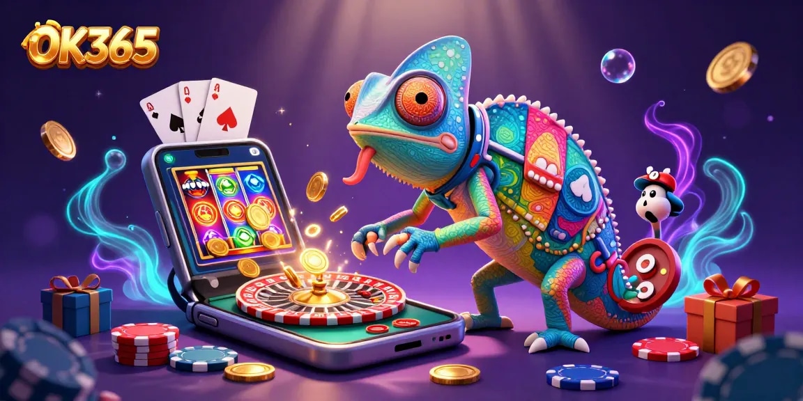 Spin the reels and win big with OK365, an interactive casino experience featuring vibrant 3D illustrations.