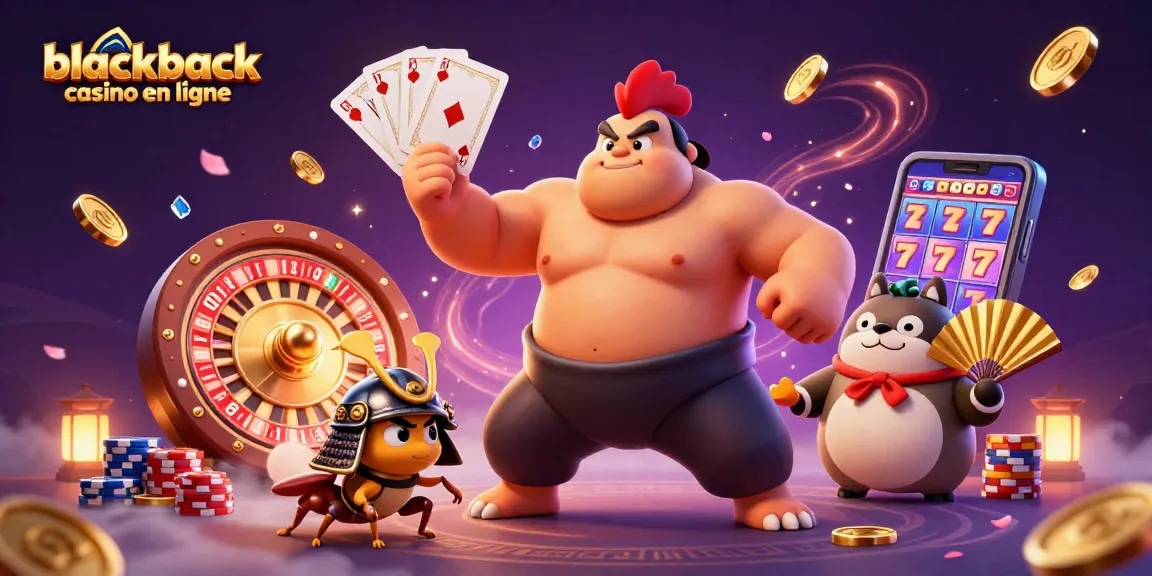 Découvrez le blackjack casino en ligne avec cette illustration dynamique d'un sumo, un criquet et un tanuki, entourés d'éléments de jeu fascinants.