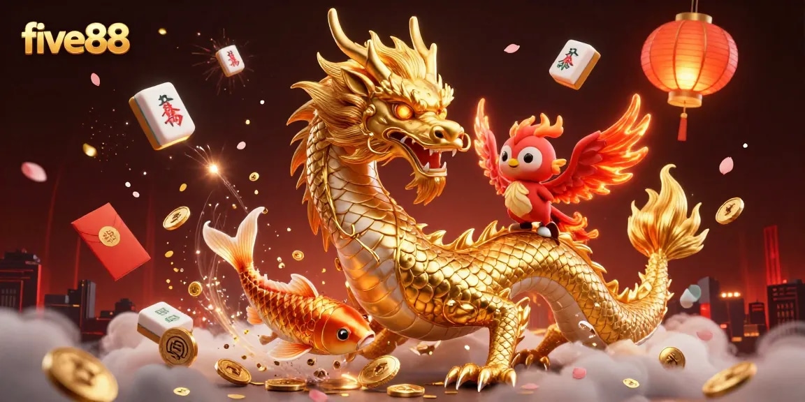 Experience exciting gameplay at five88 with a vibrant depiction of a Chinese dragon and golden koi amidst a festive casino atmosphere.