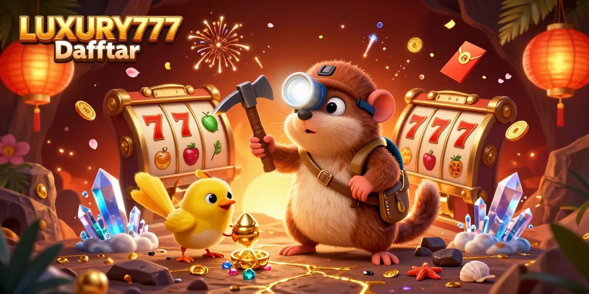 Menghadirkan LUXURY777 Daftar, simbol slot dan keberuntungan mengelilingi karakter penambang kasino.