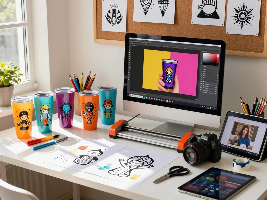 Vibrant crafting workspace featuring a tumbler design SVG bundle setup with colorful tumblers and tools for creative projects.