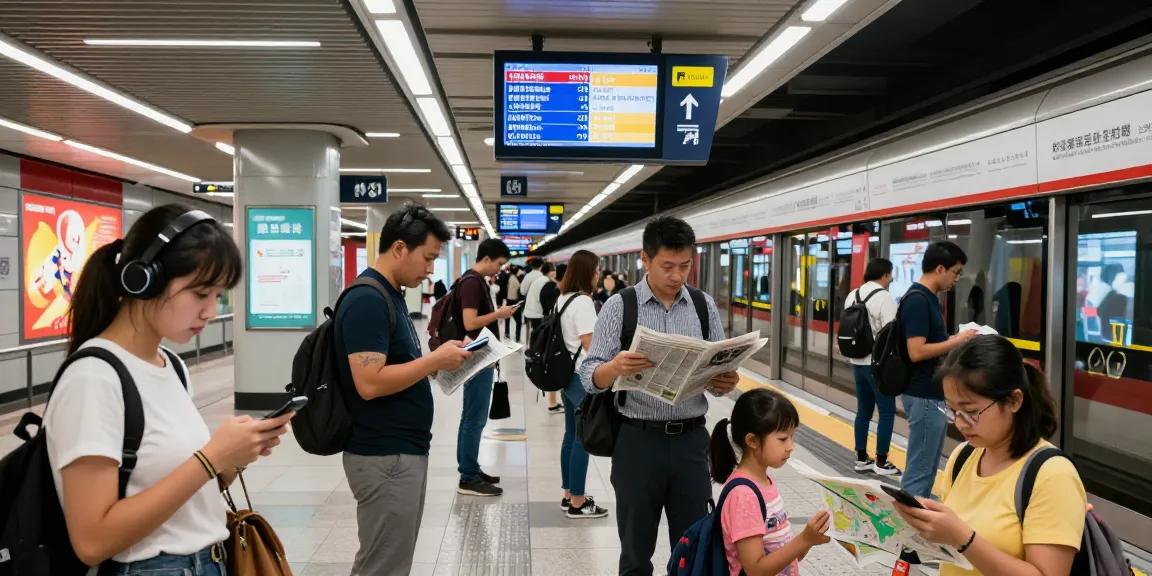 Live subway service alerts displayed at a busy urban subway station with diverse commuters checking their devices.
