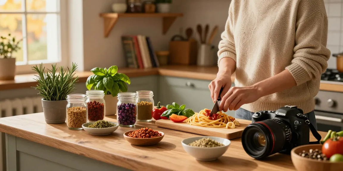 Kochen mit Gewürzen in einer gemütlichen Herbstküche mit frischen Kräutern und Gewürzen.