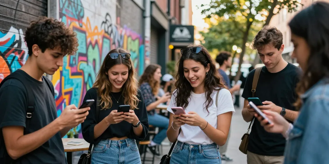 A group of young adults exploring NSFW digital content in a vibrant urban street setting.