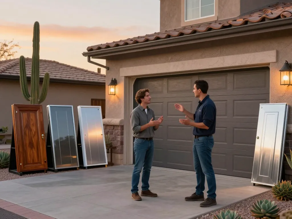 Expert garage door replacement Phoenix AZ consultation with homeowner and technician in a warm, inviting setting.