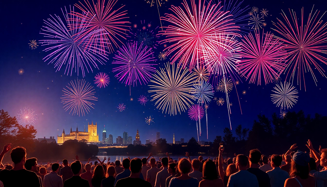 Spectacular manchester fireworks lighting up the night sky over a joyful crowd in Manchester.