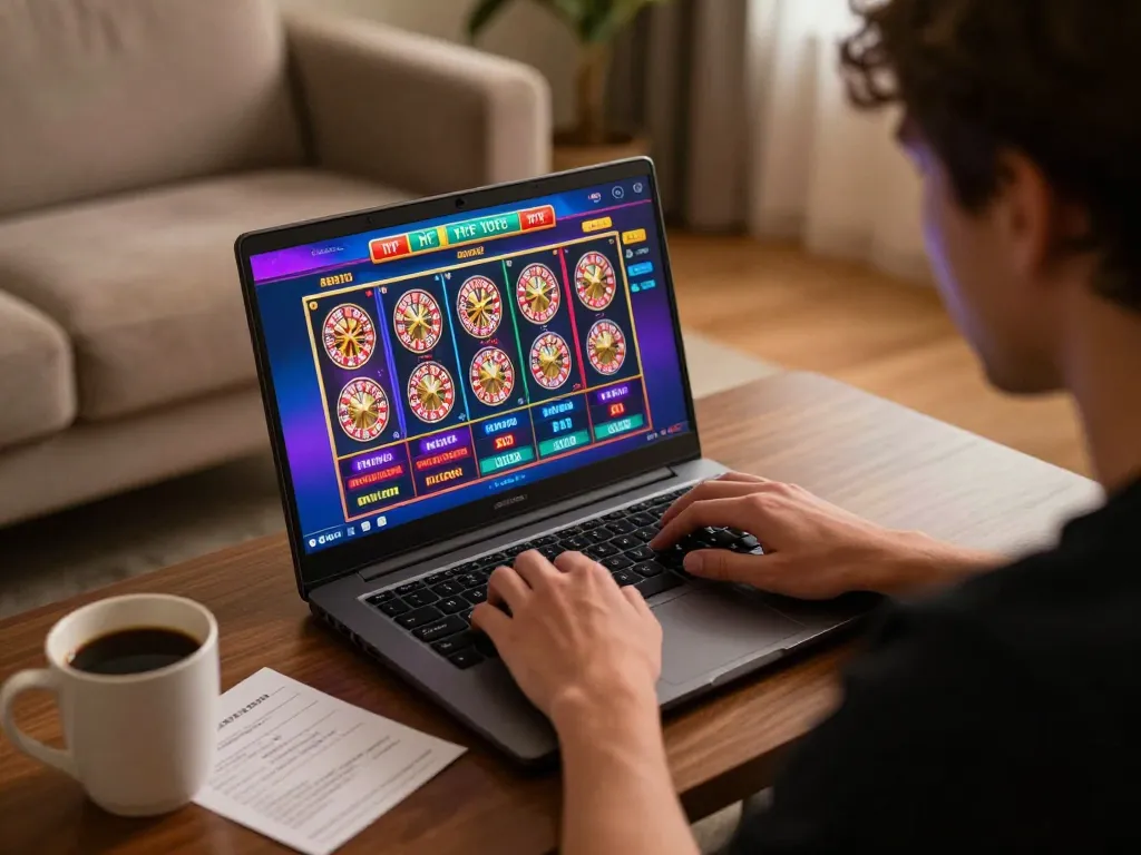 Sunwin online gaming session with laptop displaying vibrant casino game interface and cozy home setting