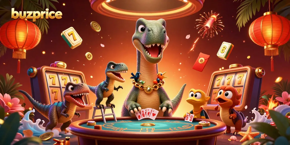 buzprice presents an exciting casino scene with a dinosaur and raptor in action, showcasing thrilling slot elements.
