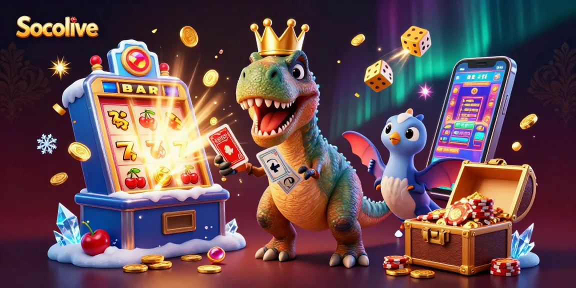 Socolive invites players to join a thrilling cartoon-inspired gambling experience featuring animated dinosaurs in a vibrant casino scene.