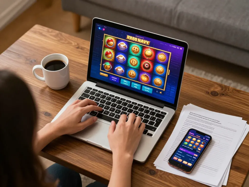 Engaging in online gaming with RR88 NAVY, showcasing a colorful slot game interface and cozy setup.