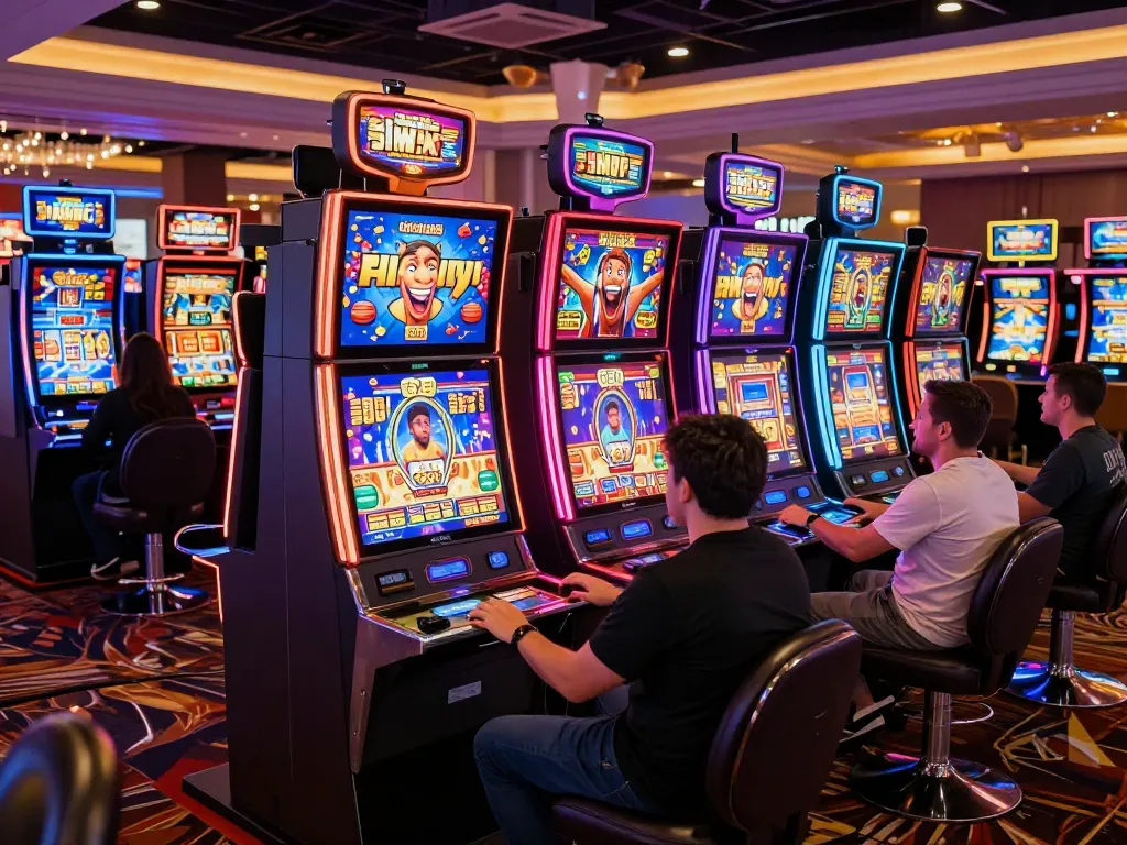 Winning spins on vibrant slot machines in a lively casino environment, showcasing the thrill of slot77 gameplay