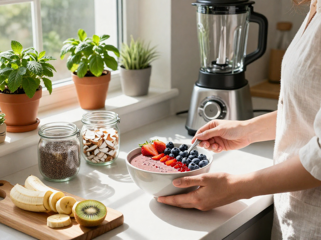 Preparing a vibrant smoothie bowl enriched with premium astaxanthin and fresh fruits in a sunny kitchen.