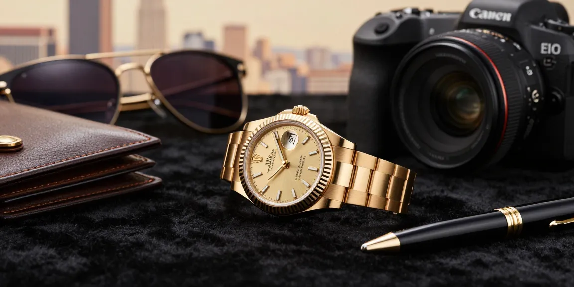 Showcasing luxury clone watches, focusing on a detailed Rolex clone surrounded by sophisticated accessories, embodying elegance.