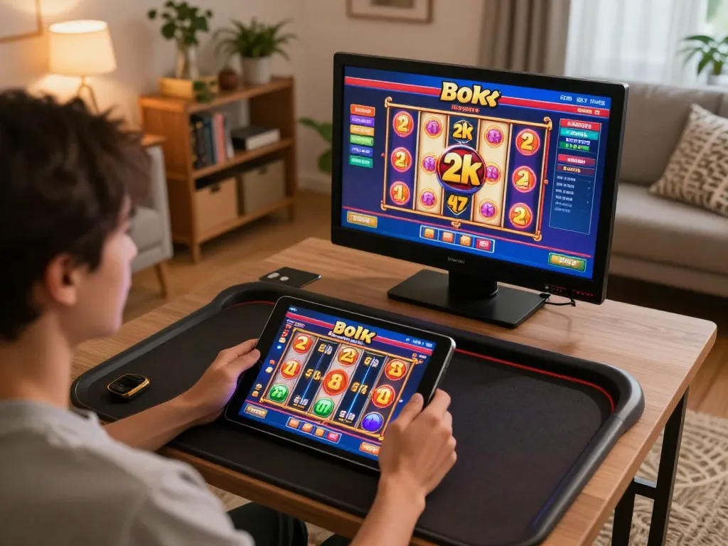 Playing exciting slot deposit 2k games on a tablet in a cozy home environment