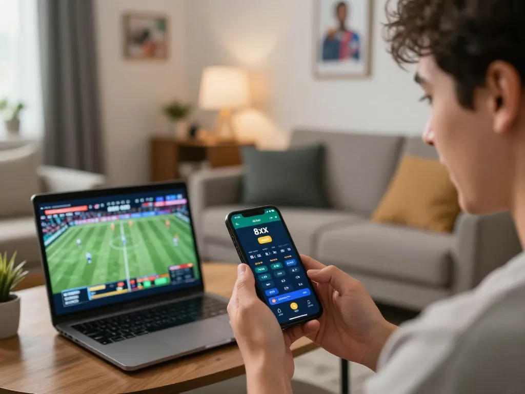 Engaging with the 8xx bet app from home, excitement visible as live sports odds are checked
